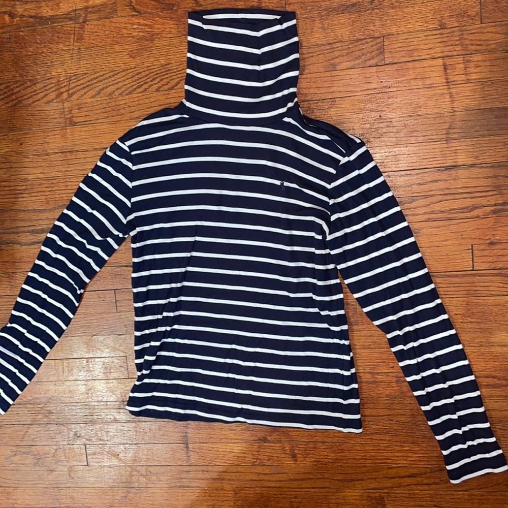 Navy blue and white striped crop top shirt